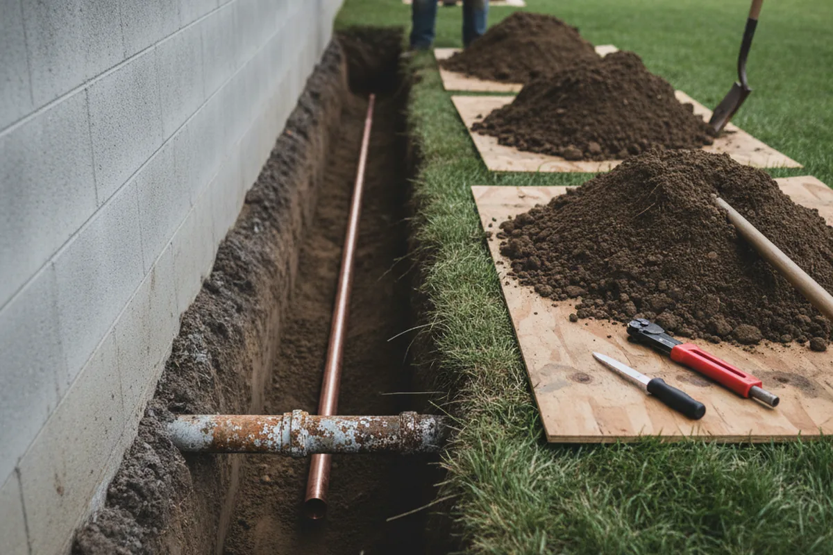 Excavated water line trench during Sewer Line Repair in Summerton